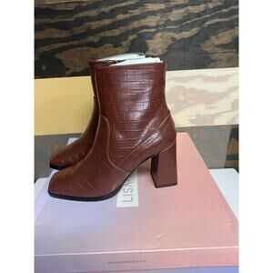 Lisa Vicky Women’s Brown Croc Embossed Block Heel Ankle Boots Size 7.5 – New